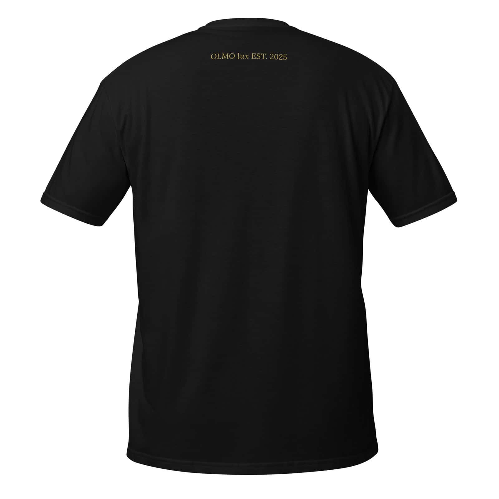 T-shirt noir brodé or avec logo OLMO lux, style élégant et moderne.