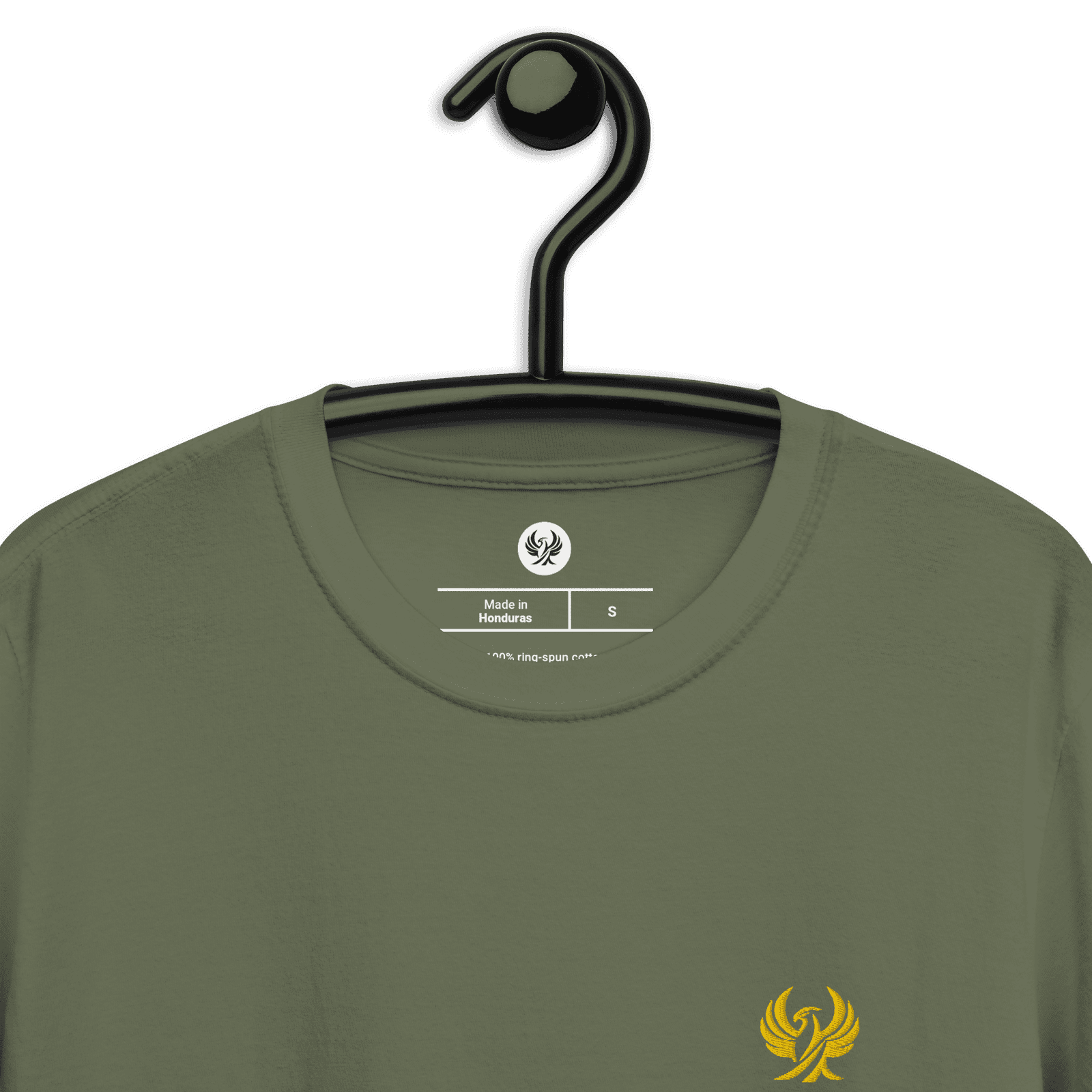 T-shirt vert en coton biologique Honduras avec logo doré.