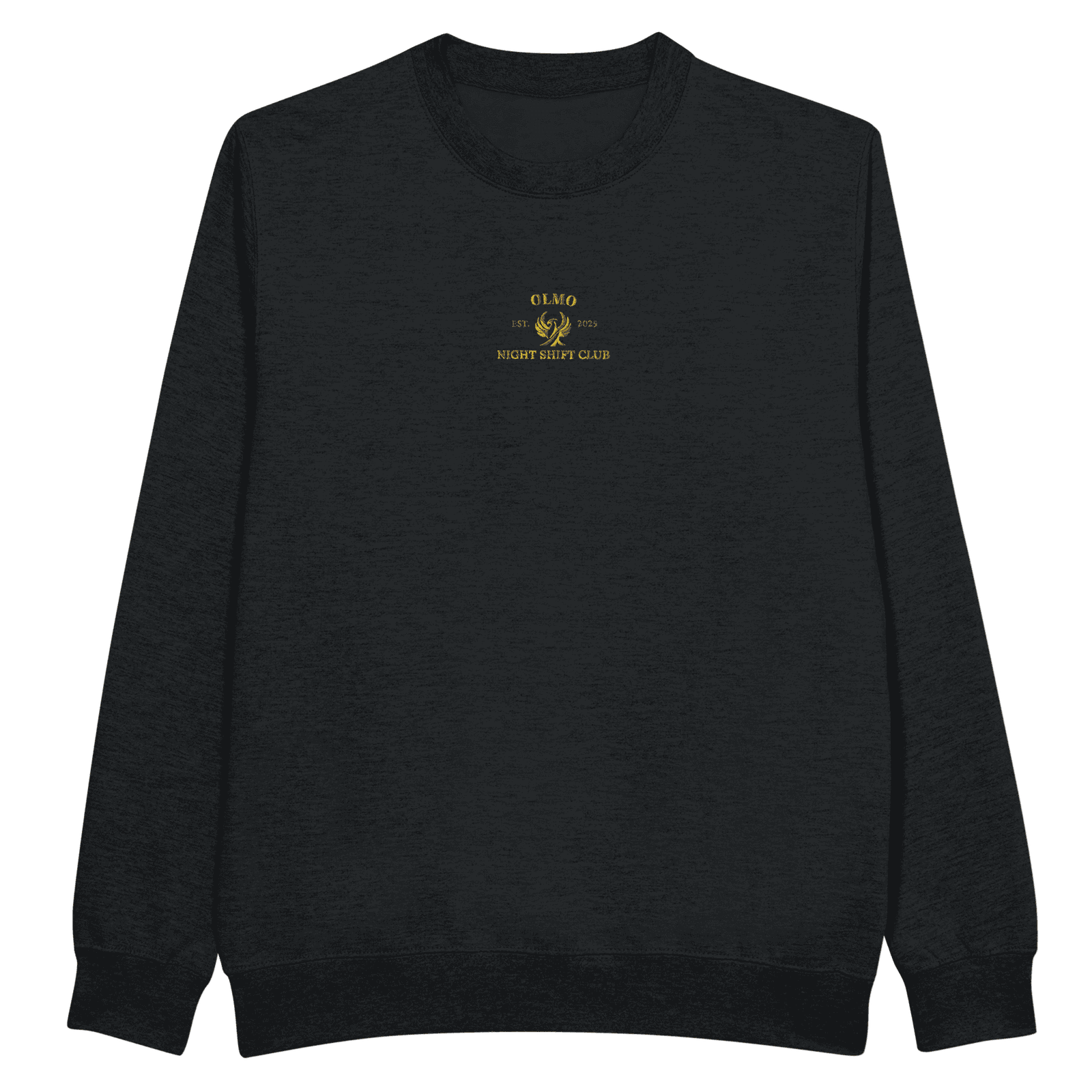 Sweat col rond Night Shift Club OLMO lux brodé or sur fond noir.