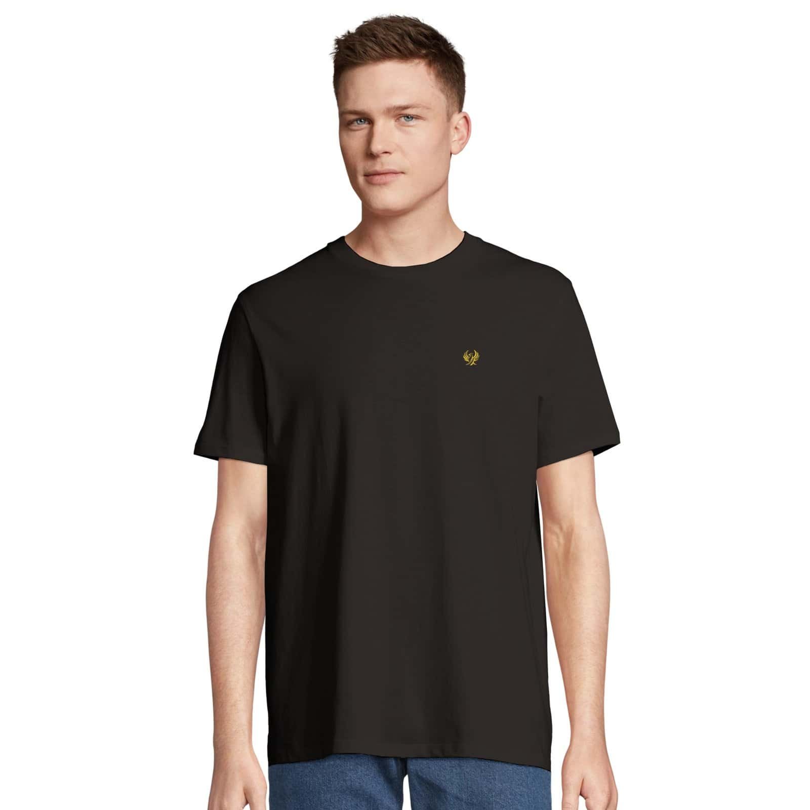 T-shirt noir brodé or avec logo discret sur la poitrine.