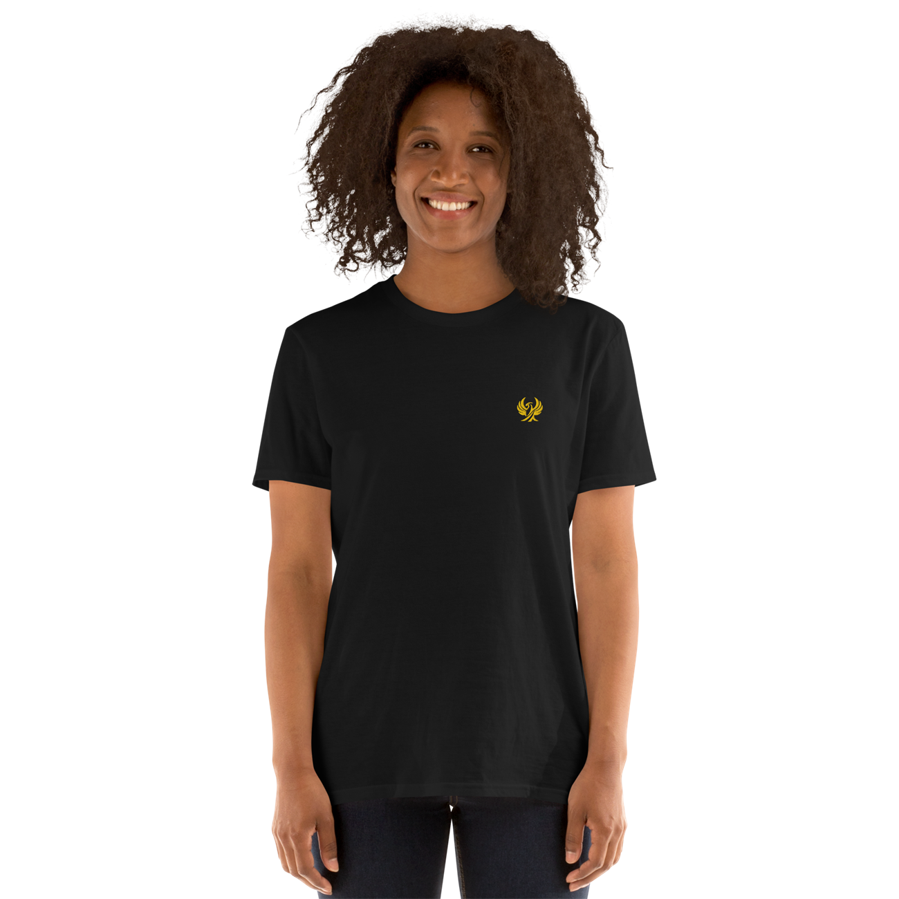Femme portant le t-shirt OLMO lux noir, phénix brodé fil d'or