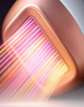 Sistema de depilação a laser que emite feixes de luz cor-de-rosa e laranja.