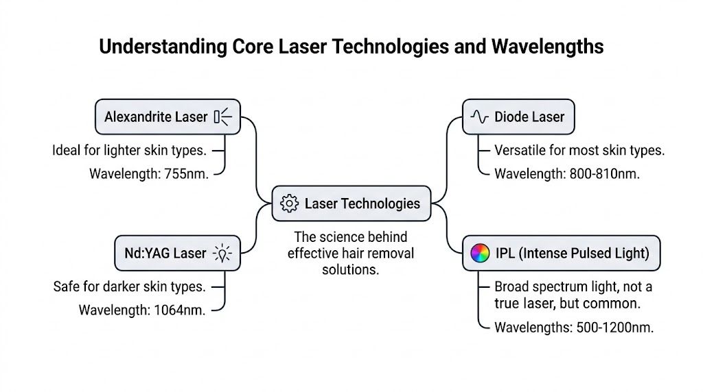 Um diagrama que ilustra os diferentes tipos de tecnologias profissionais de depilação a laser, a sua adequação e os comprimentos de onda específicos.