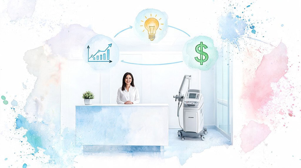 A friendly receptionist standing at a white desk in a medical clinic with a laser machine.