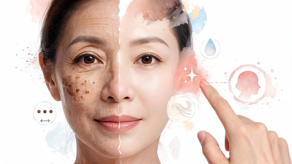 A split-face comparison of a woman showing aging skin with dark spots versus treated, smooth, glowing skin.