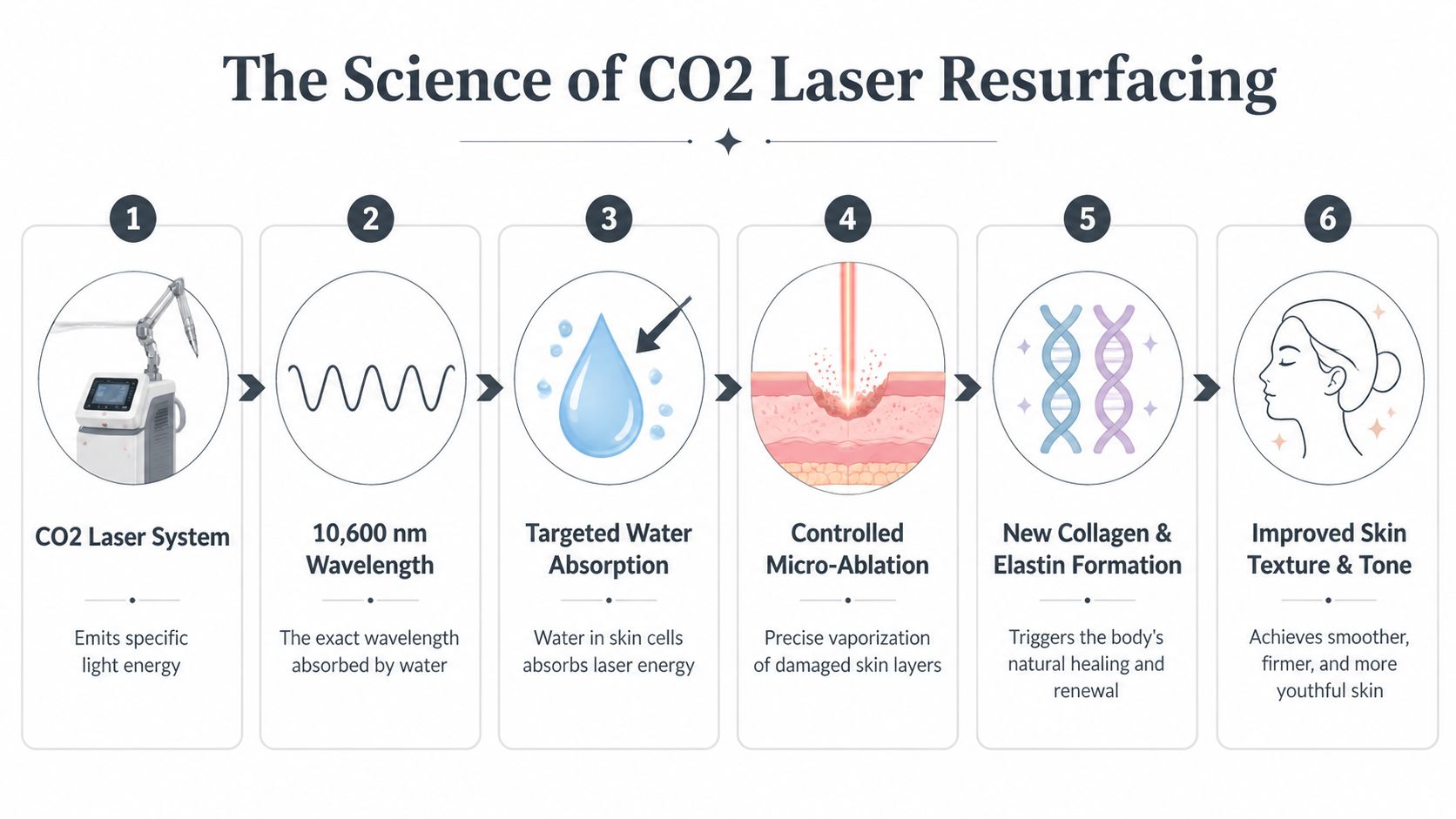 A step-by-step infographic explaining the scientific process of CO2 laser skin resurfacing and its benefits.