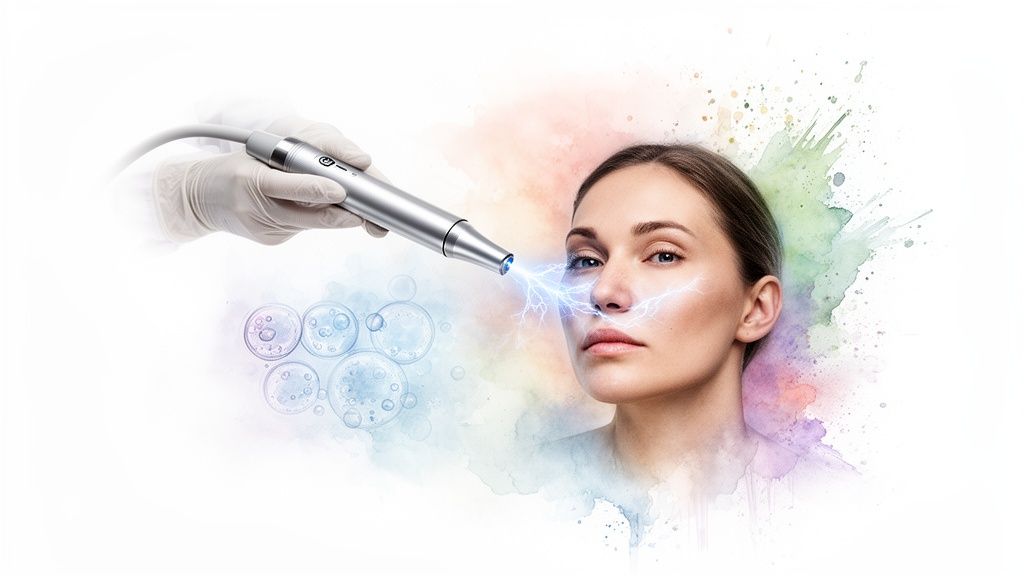 Mulher a receber tratamento de pele com varinha de alta frequência para melhoria estética.