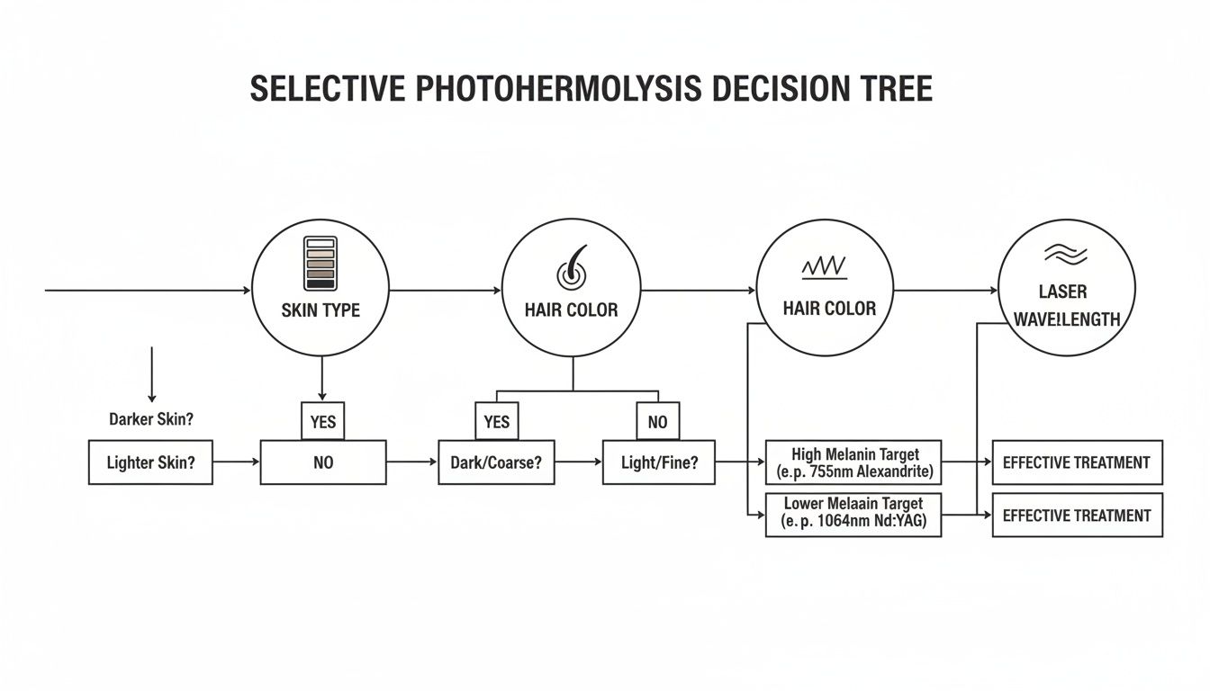 Diagram illustrating the laser hair removal decision process for different skin and hair types.