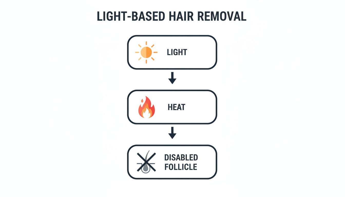 Diagram showing light-based hair removal steps: light, heat, disabled follicle.