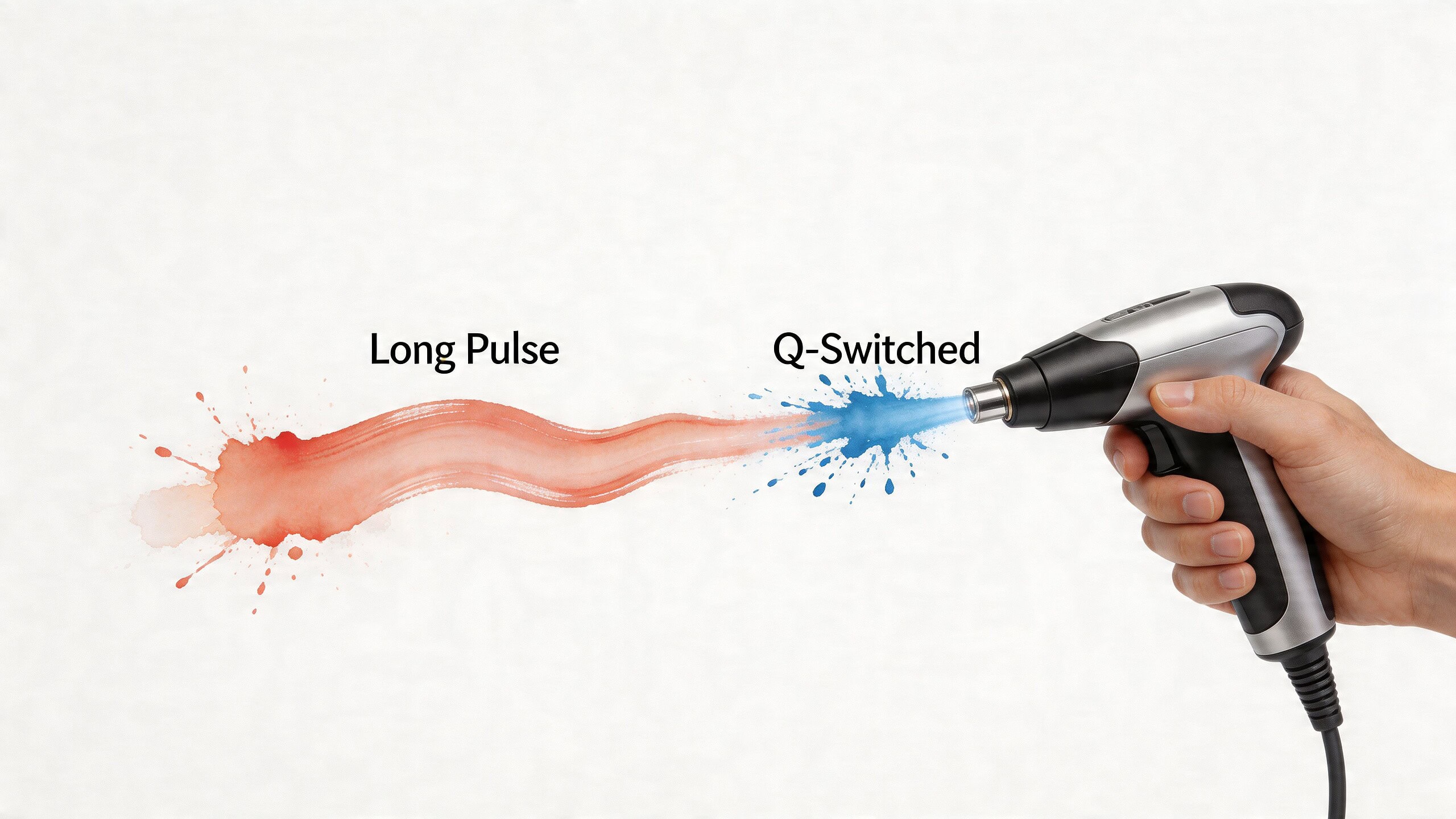 Dispositivo laser Nd YAG de mão que emite um impulso azul para procedimentos cutâneos.