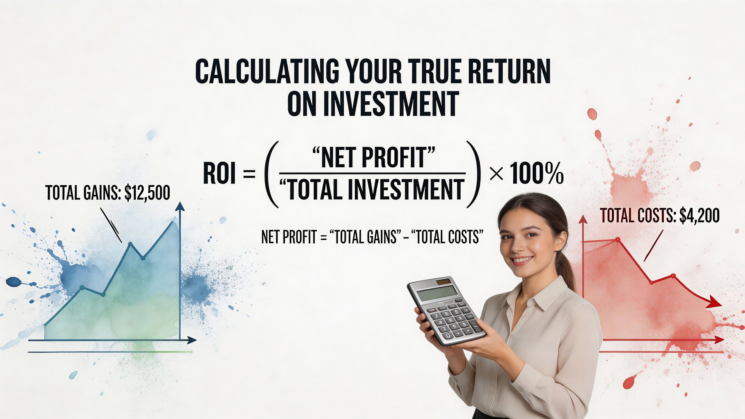 Woman using calculator to analyze investment ROI with financial charts.
