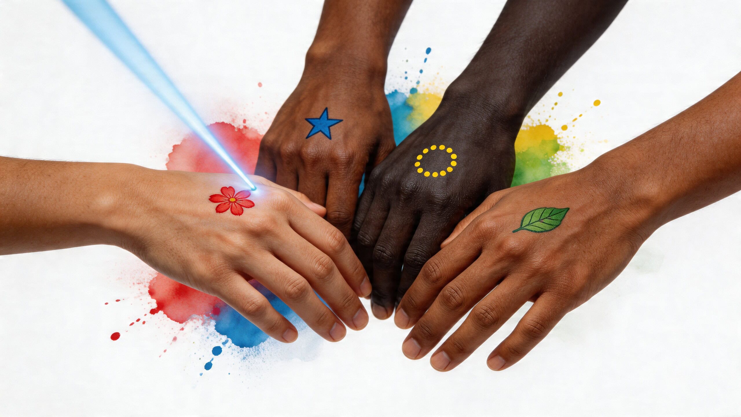 Mãos com tatuagens coloridas e aparelho laser para remoção de tatuagens.