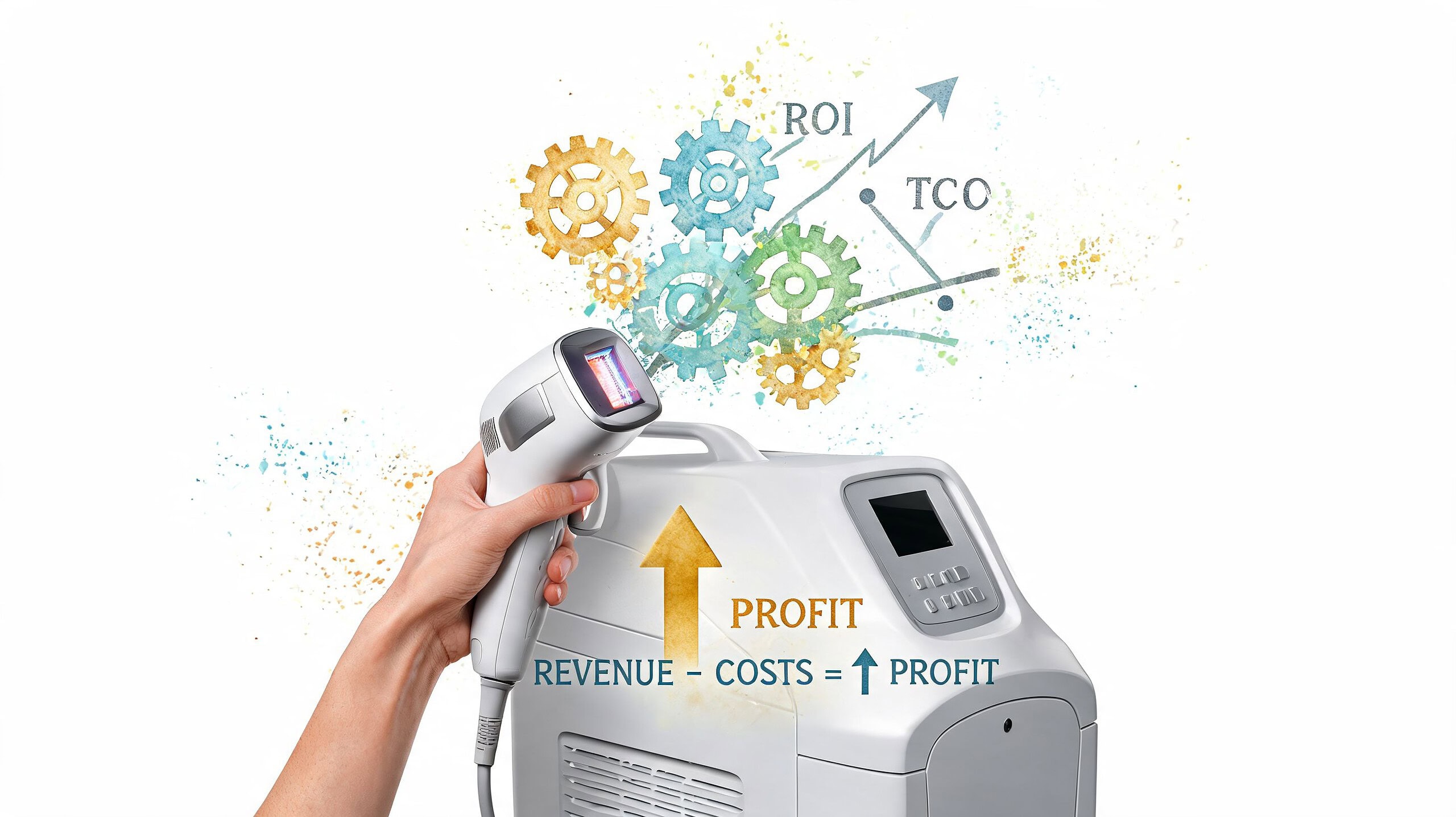 A professional laser hair removal machine being held by a hand, illustrating business growth and efficiency.