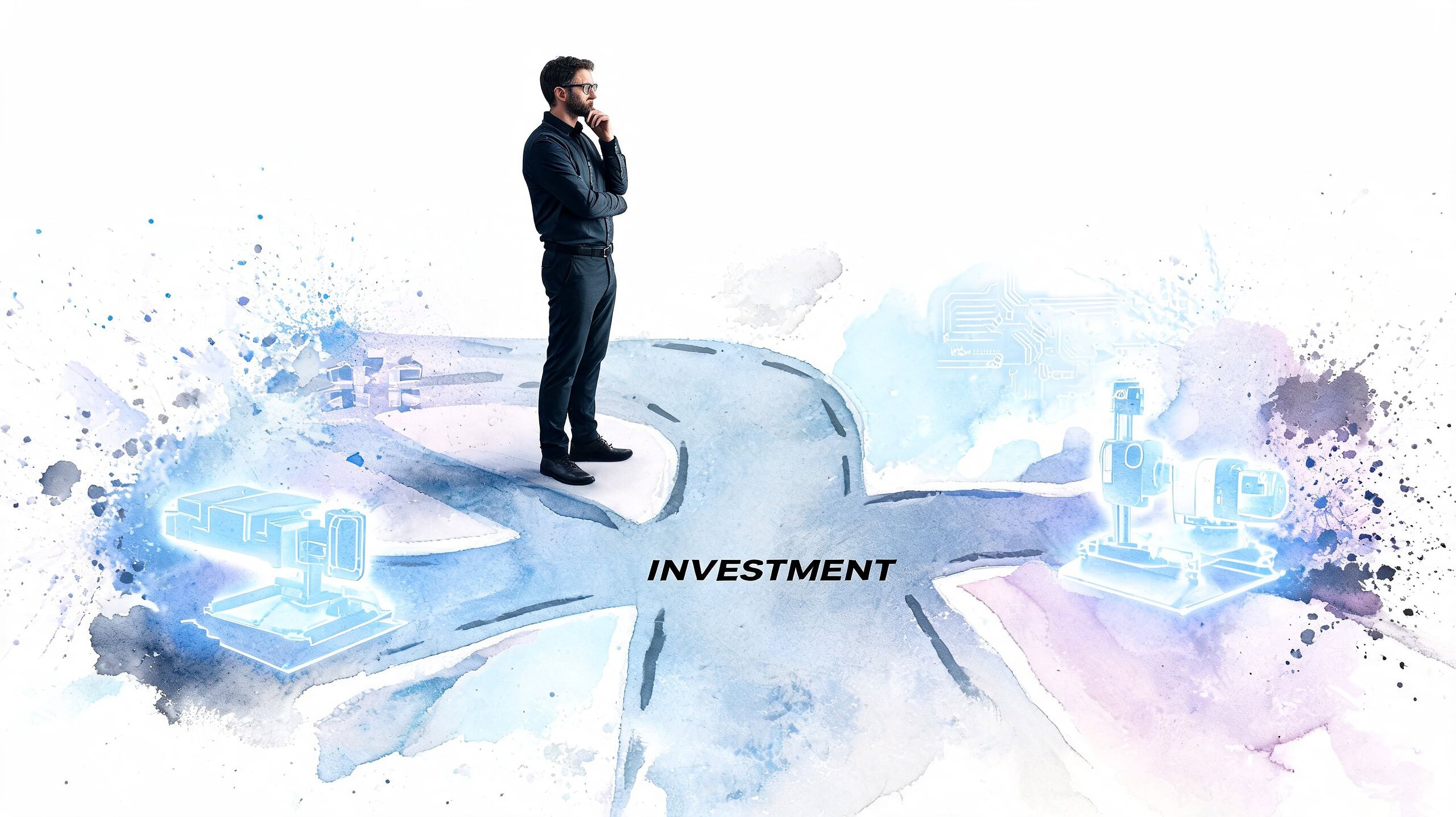 A businessman standing at a crossroads evaluating investment options for laser hair removal equipment and industrial machinery.