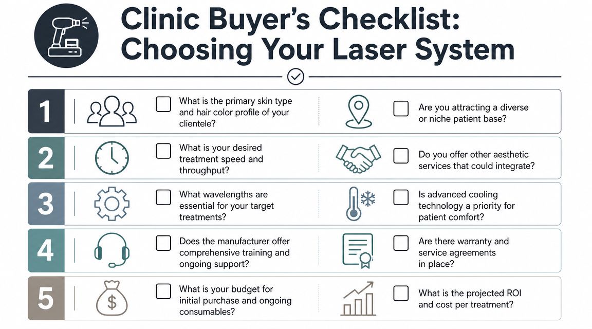 Uma lista de verificação que as clínicas médicas devem ter em conta ao adquirir um novo sistema de tratamento a laser para a sua atividade.