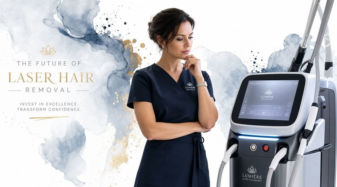Uma esteticista profissional ao lado de um sofisticado aparelho de depilação da Lumière Laser Technology numa clínica.