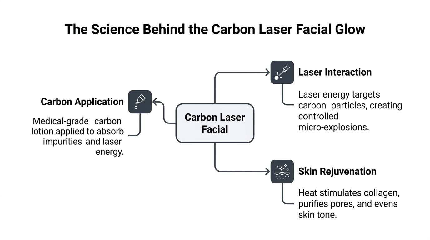 Um fluxograma que ilustra o funcionamento dos tratamentos faciais com laser de carbono, incluindo a aplicação da loção, a interação do laser e os benefícios de rejuvenescimento da pele.