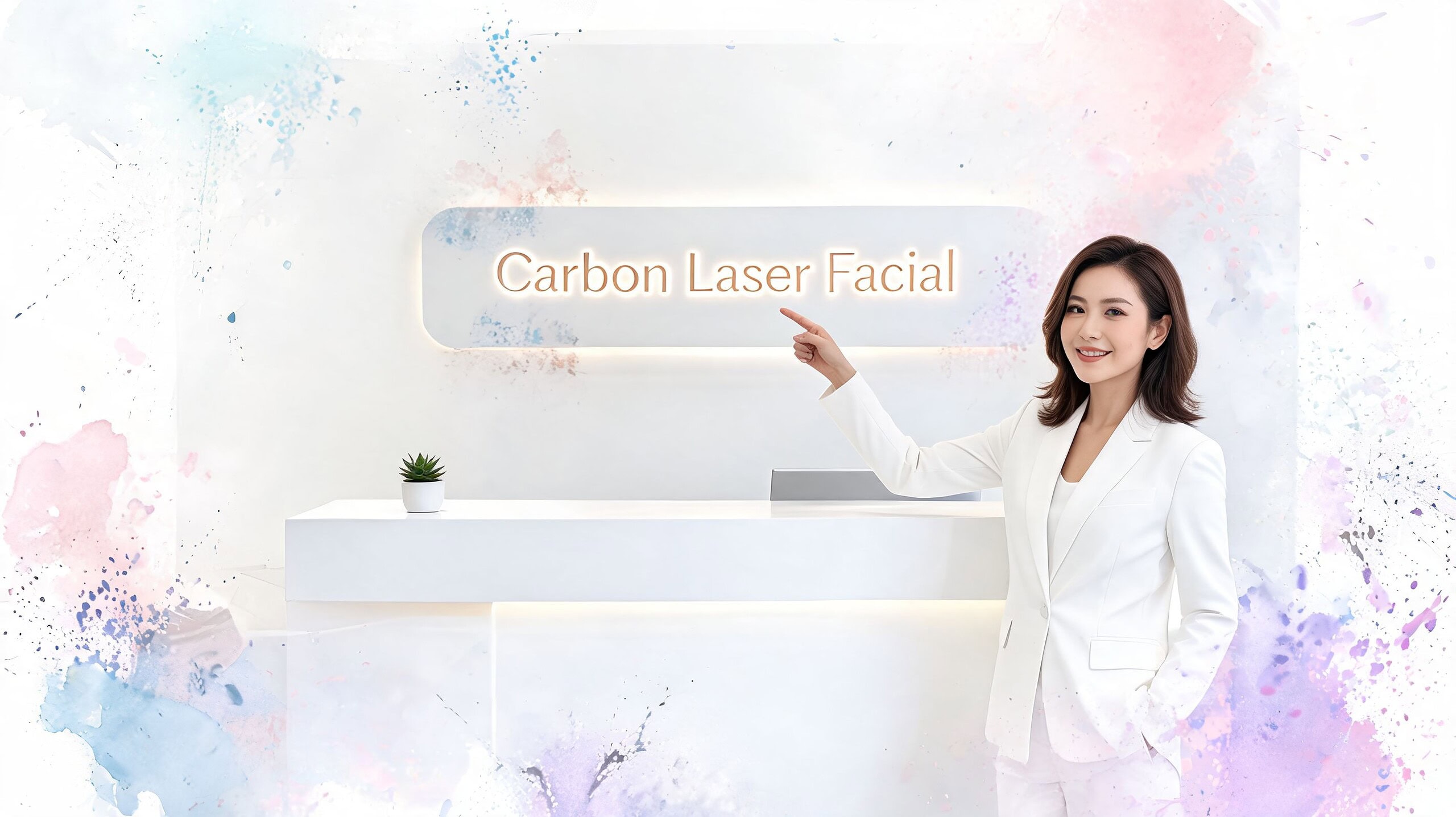Uma mulher profissional, vestida com um blazer branco, a apontar para um cartaz onde se lê «Tratamento Facial a Laser de Carbono».