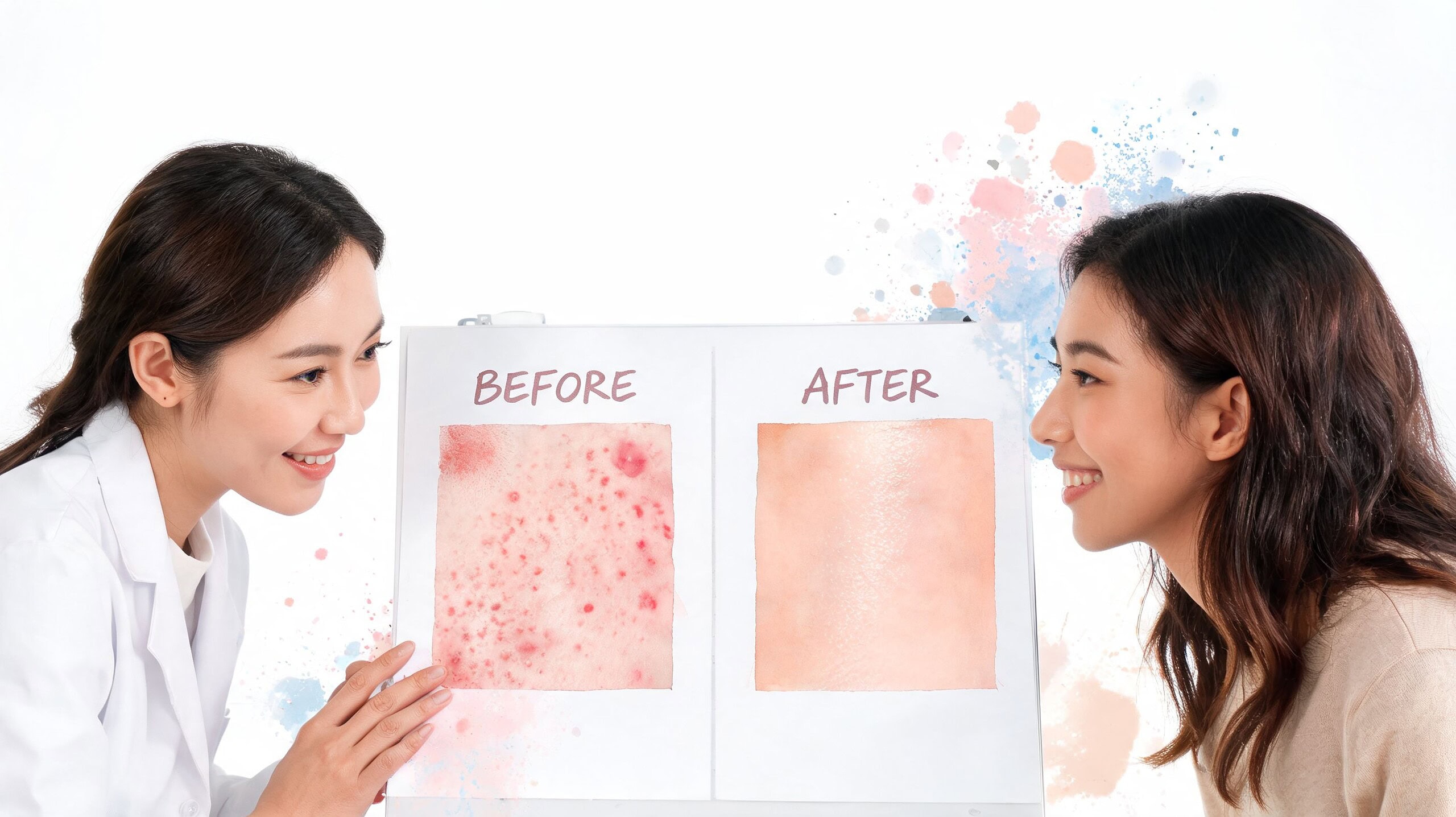 Um dermatologista mostra a um doente, num cartaz, uma comparação «antes e depois» dos resultados de um tratamento cutâneo.