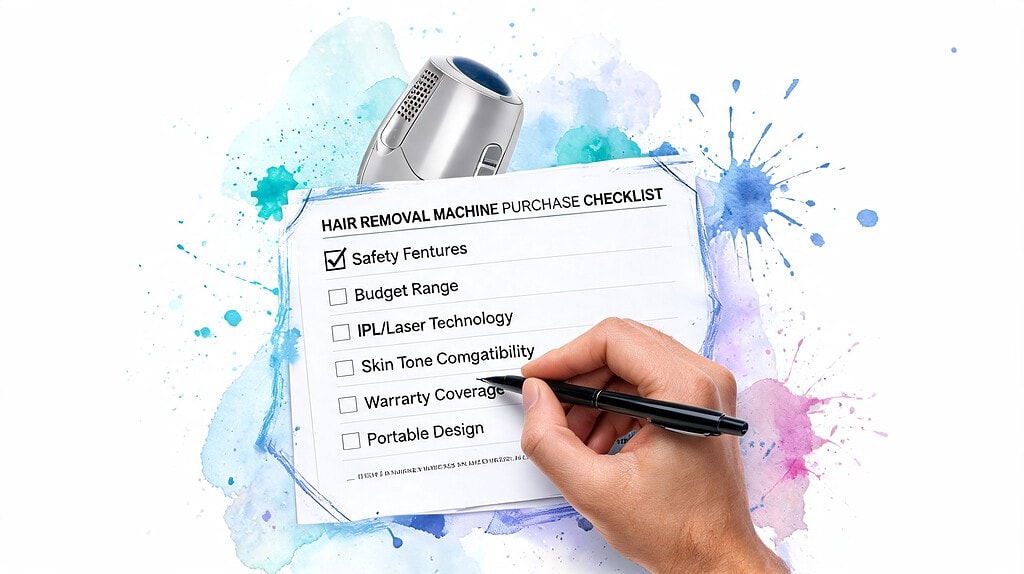 A hand marks a checklist for purchasing hair removal machines on a paper with watercolor accents.