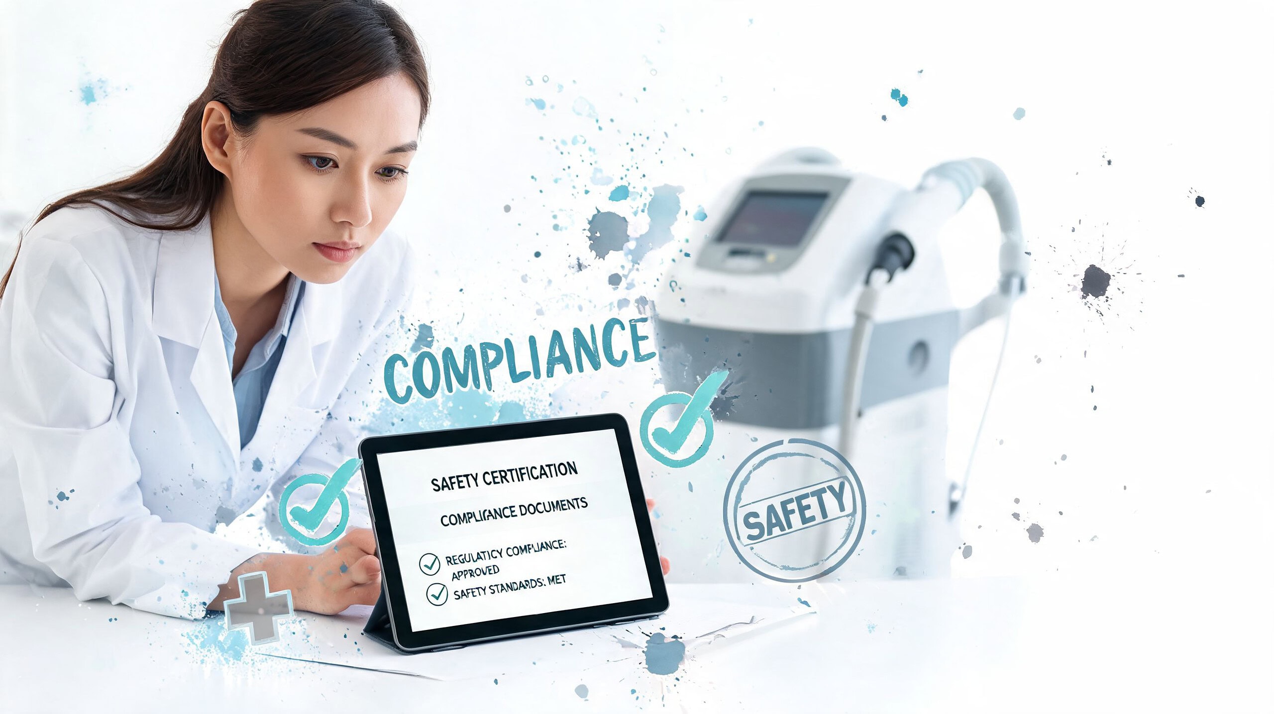 A professional technician reviews safety certification and compliance documents on a tablet for a hair removal device.