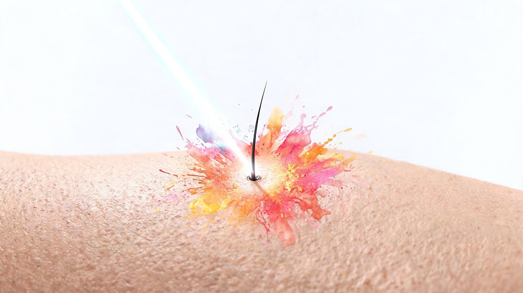 A close-up view of laser hair removal treatment targeting a single hair follicle on human skin.