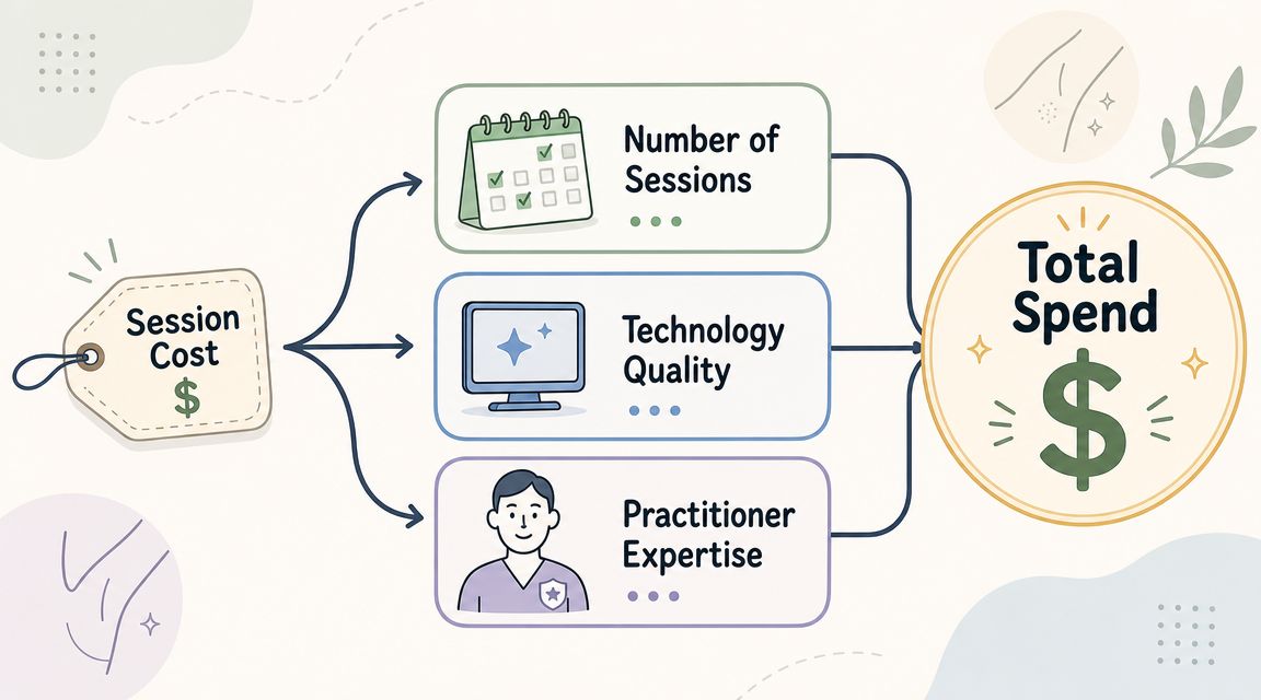 Laser treatment session cost infographic showing sessions, technology quality, and practitioner expe.