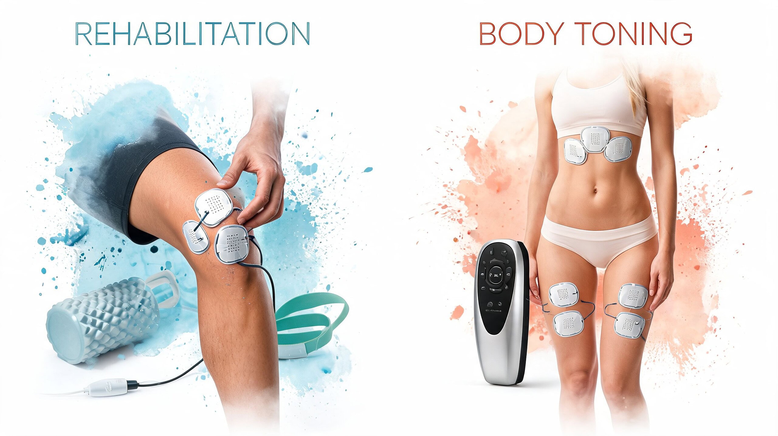 A split image showing electronic muscle stimulator pads applied to a knee for rehabilitation and to abs and thighs for toning.