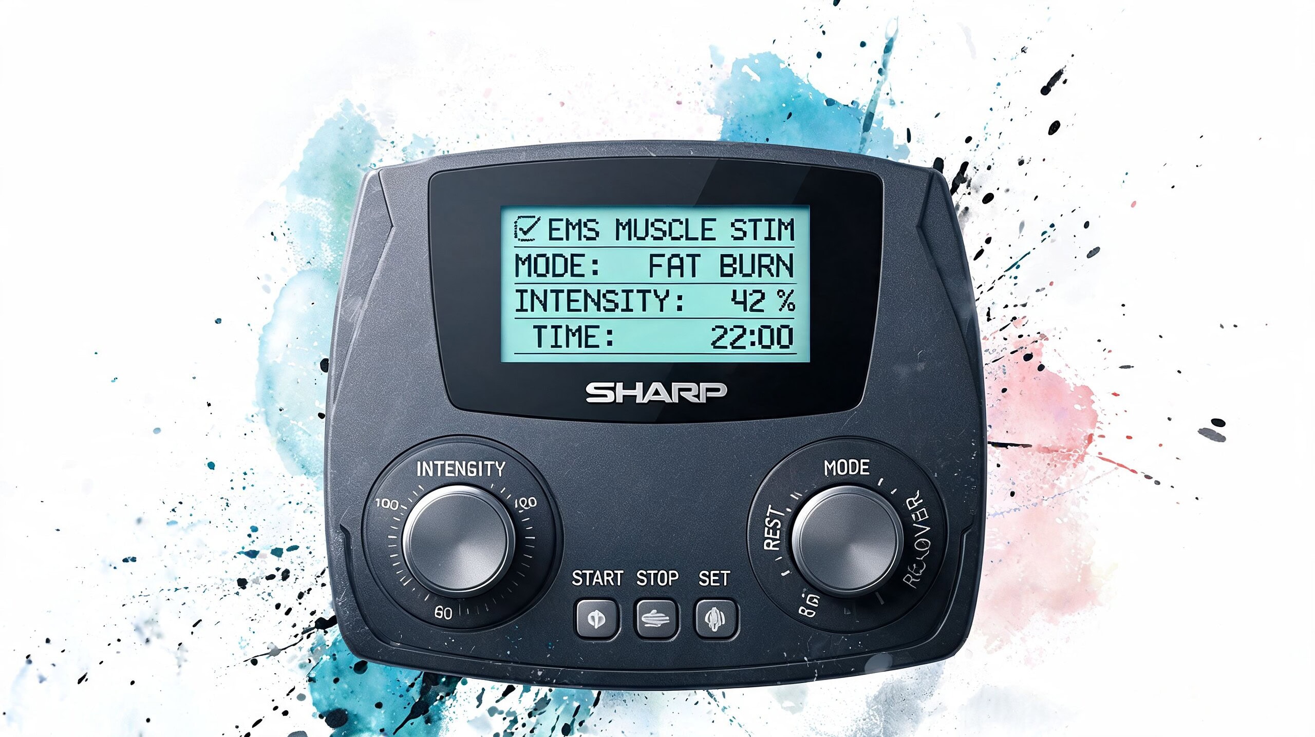 A SHARP brand EMS muscle stimulation device featuring a digital display and control dials on a white background.