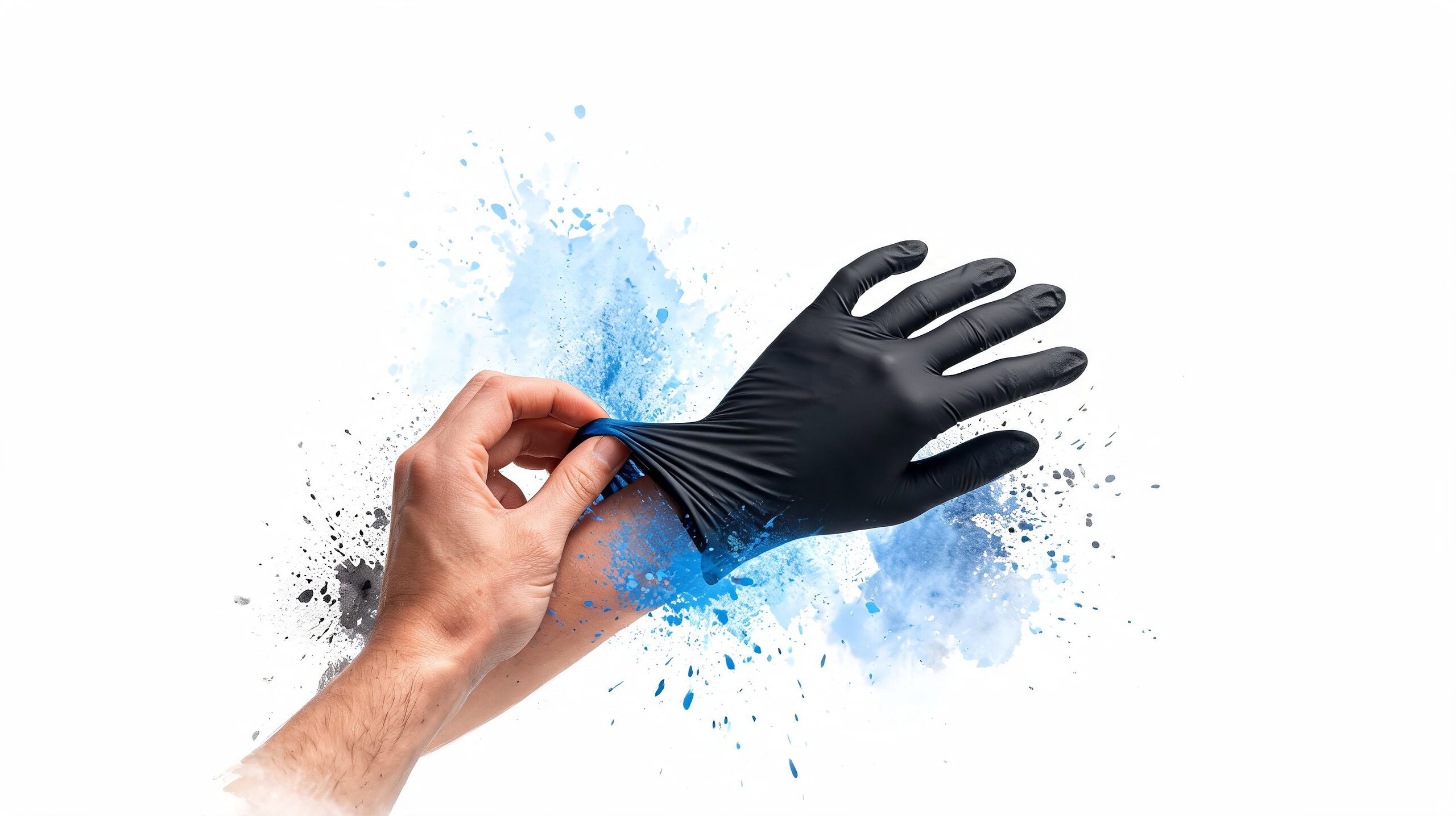 A hand pulling on a black nitrile glove with artistic blue watercolor splashes on a white background.