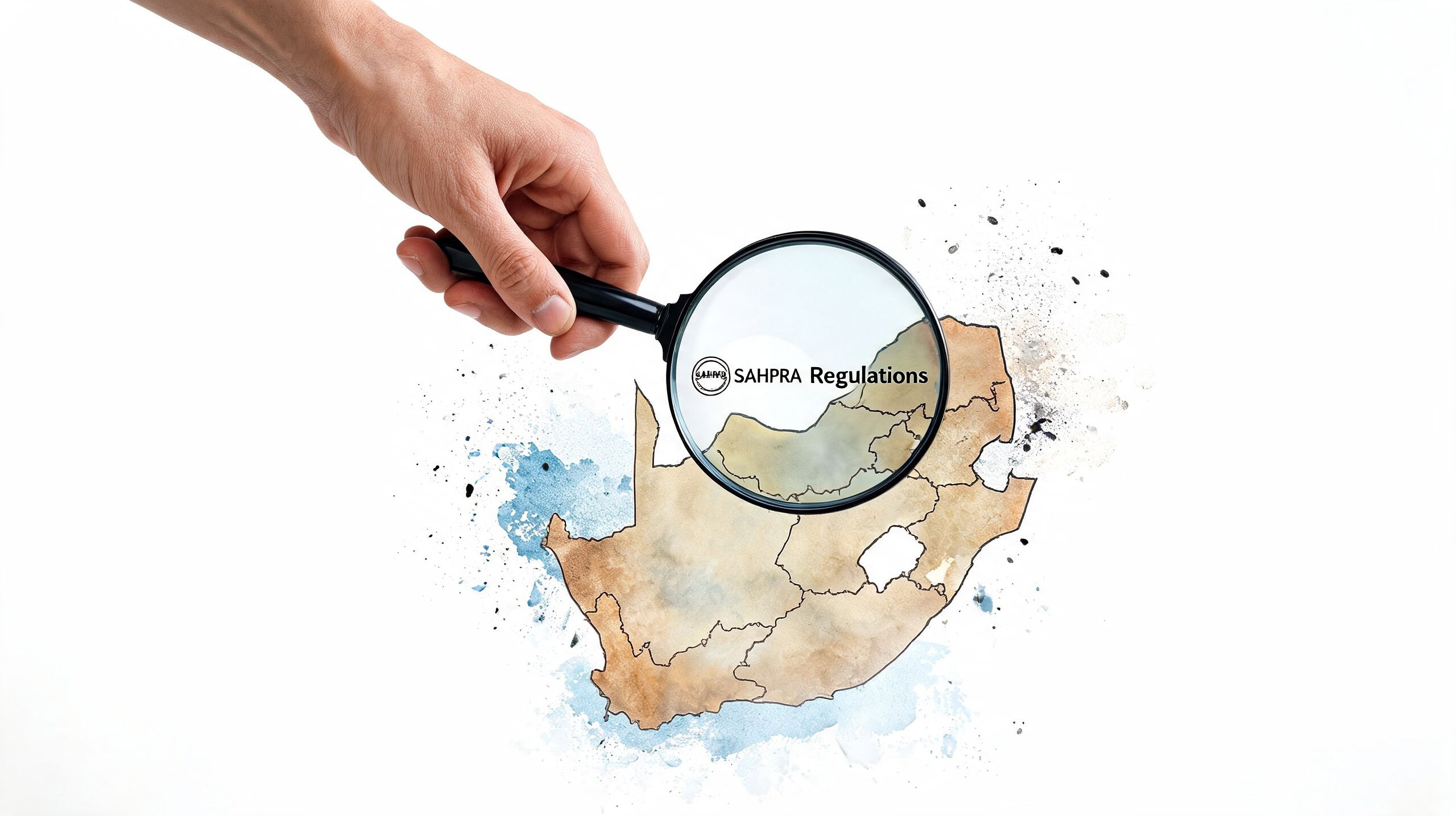 Mão a segurar uma lupa sobre um mapa da África do Sul, com o texto "Regulamentos da SAHPRA".