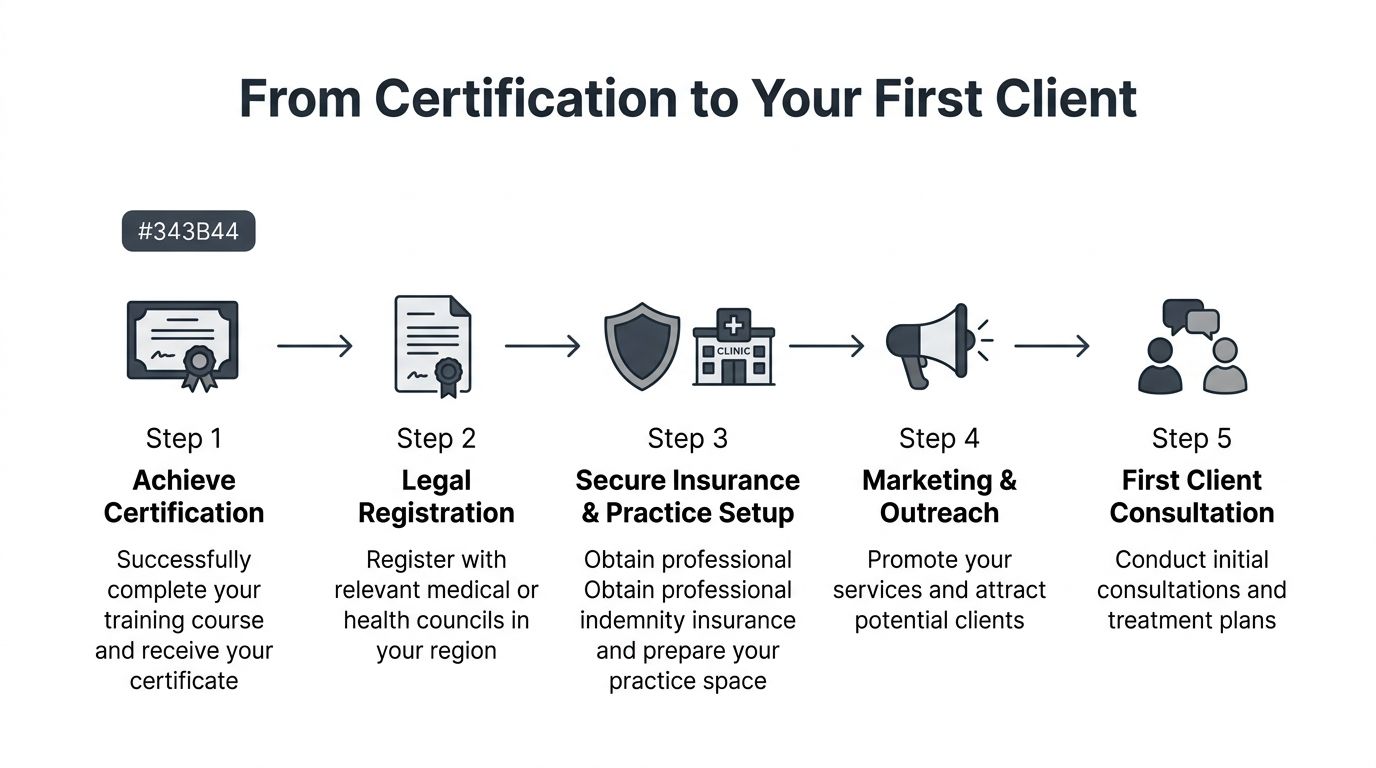 Um infográfico em cinco etapas que mostra o processo, desde a conclusão da certificação até à realização da sua primeira consulta com um cliente.