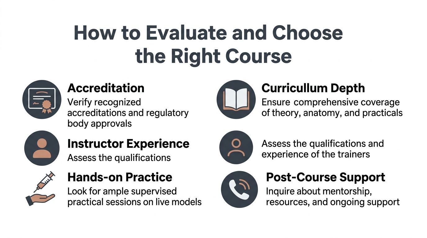Um infográfico com uma lista de verificação intitulado «Como avaliar e escolher o curso certo para a formação médica profissional».