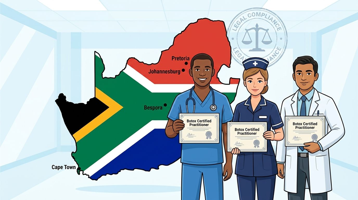 Três profissionais de saúde com certificados de profissionais certificados em Botox em frente a um mapa da África do Sul.