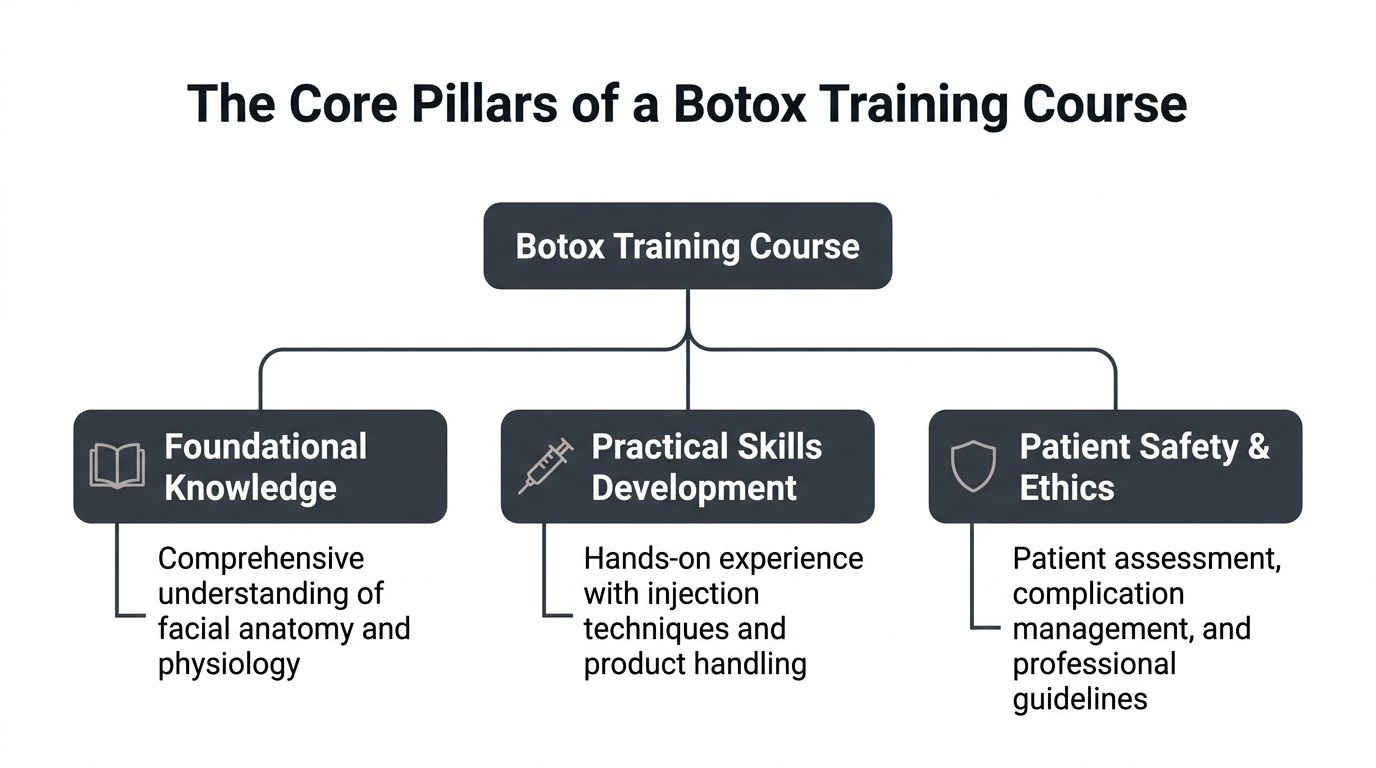 Um diagrama que apresenta os três pilares fundamentais do programa de um curso de formação profissional em Botox.