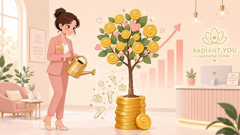 Empresária a regar uma árvore do dinheiro com moedas de ouro na Omega Lasers.