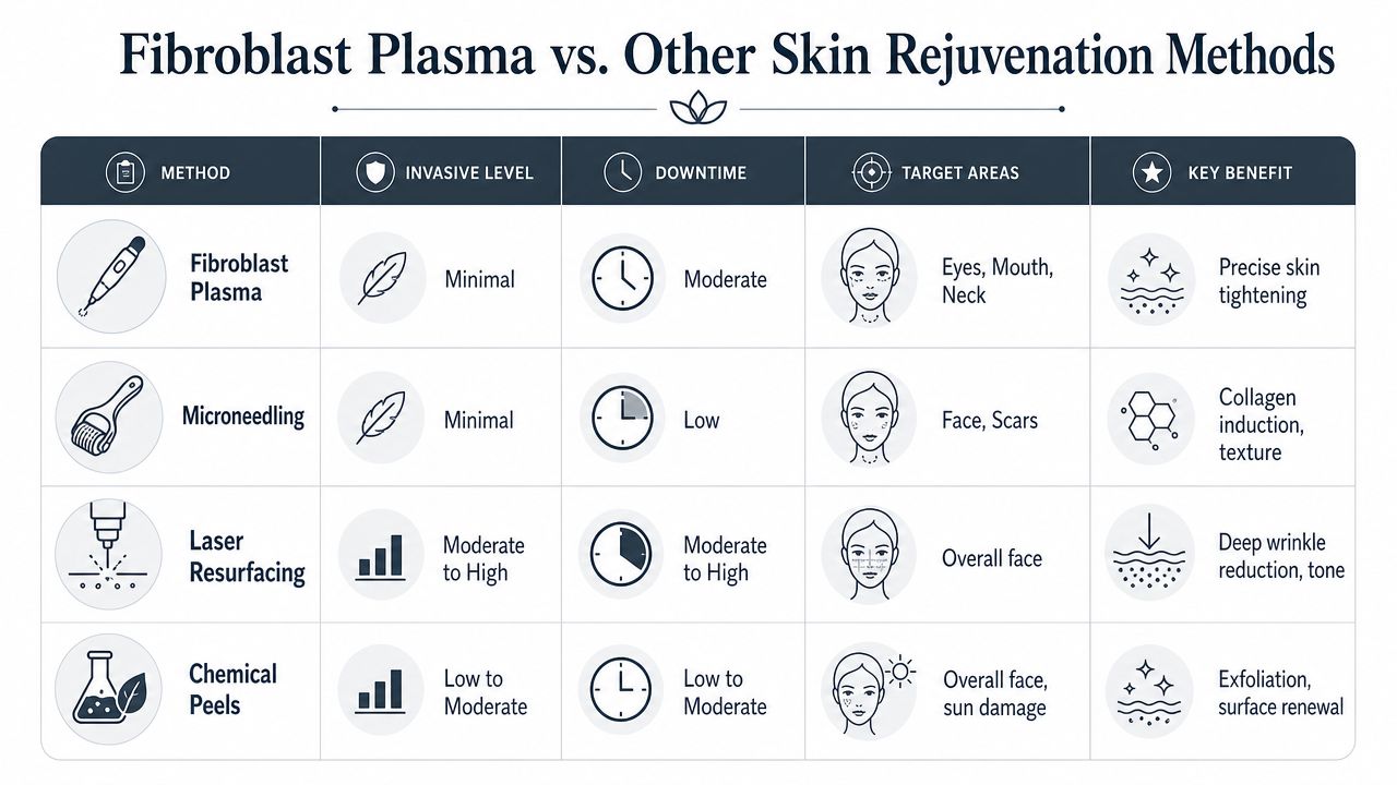 A comparison table detailing Fibroblast Plasma, Microneedling, Laser Resurfacing, and Chemical Peels for skin rejuvenation.