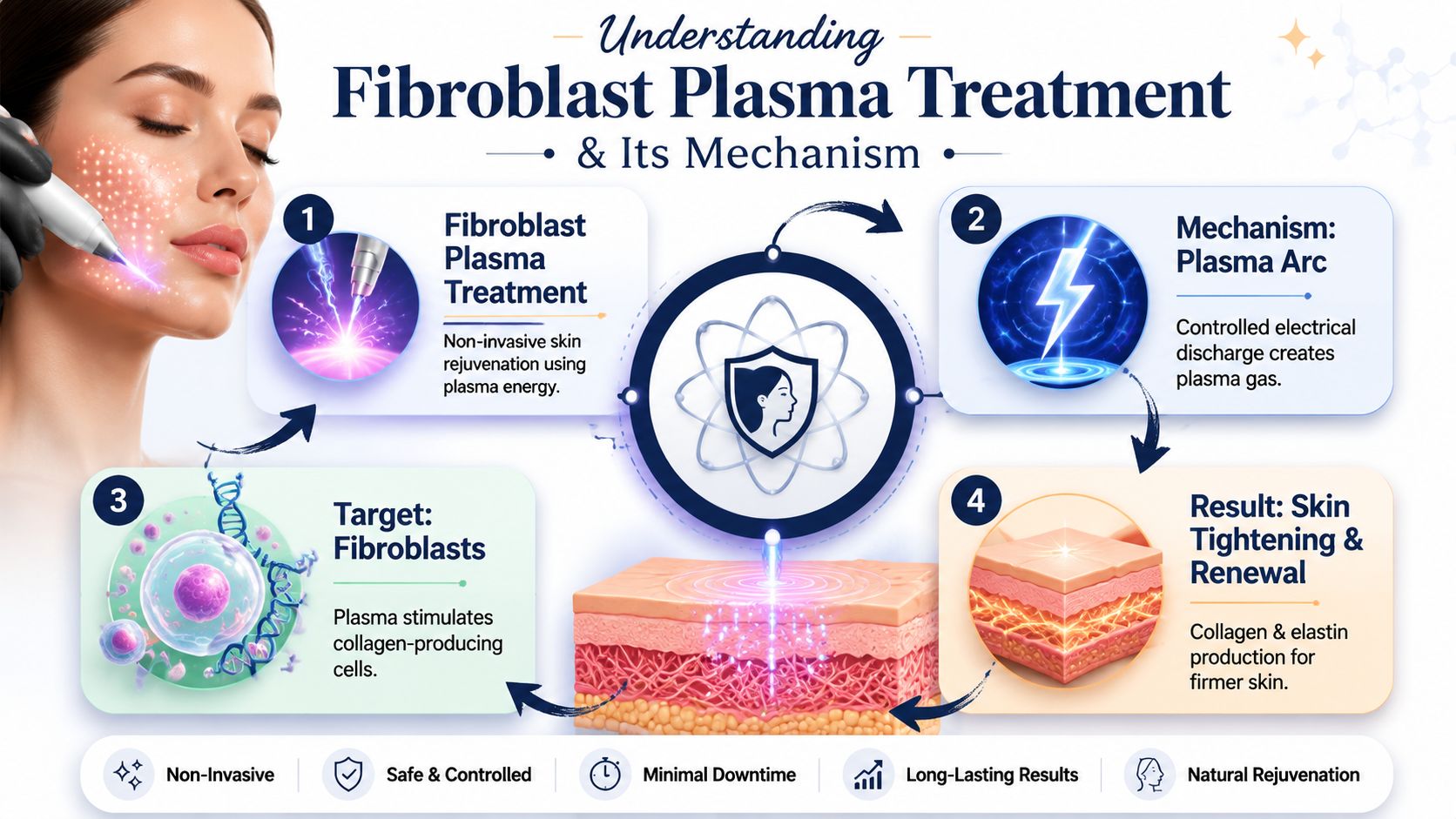 An infographic explaining the process and benefits of fibroblast plasma treatment for skin tightening and rejuvenation.