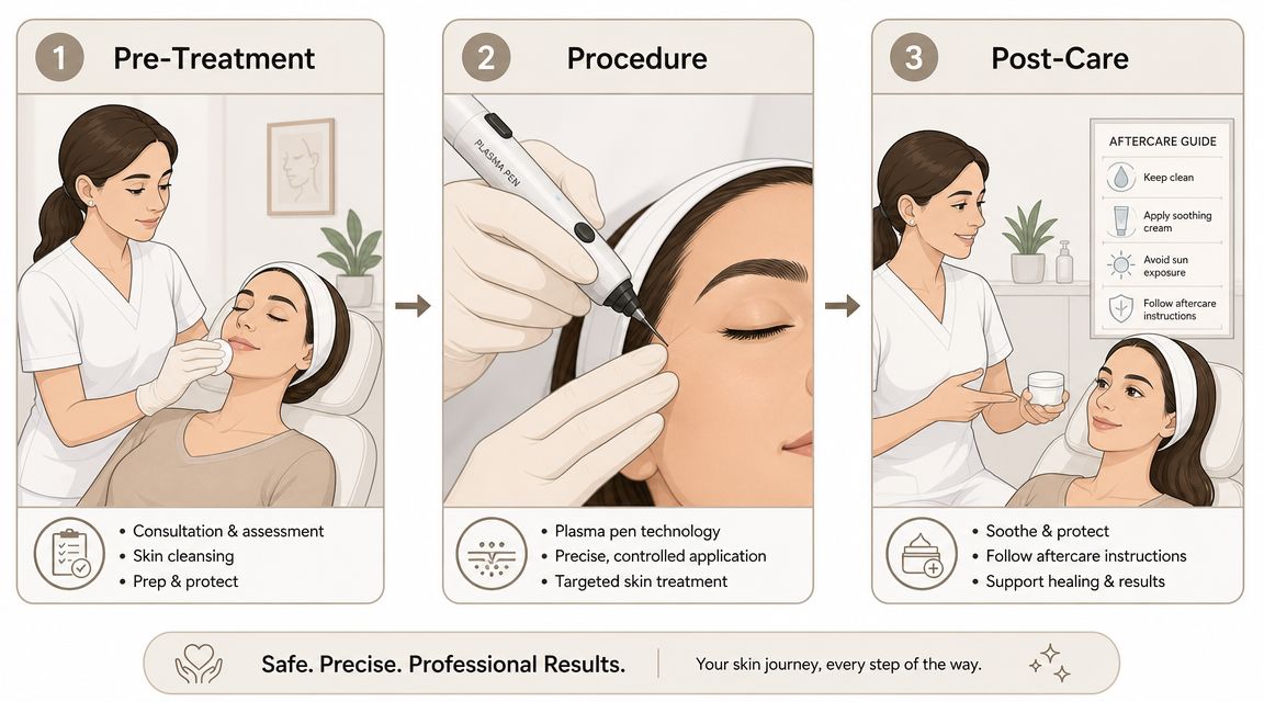 A professional illustration showing the three-step fibroblast plasma treatment process including pre-treatment, the procedure, and post-care.