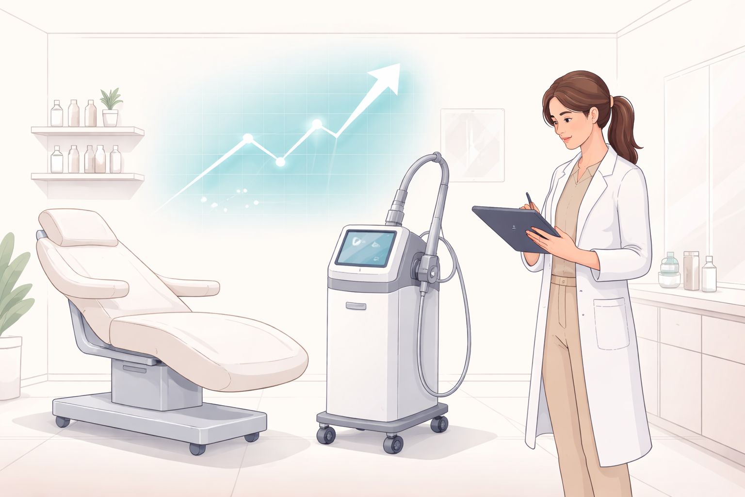 Profissional de saúde com equipamento de laser numa clínica moderna.