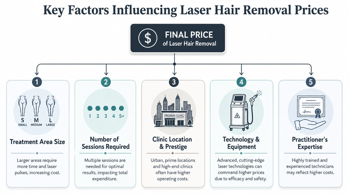 Infographic showing key factors affecting laser hair removal prices, including treatment area size a.