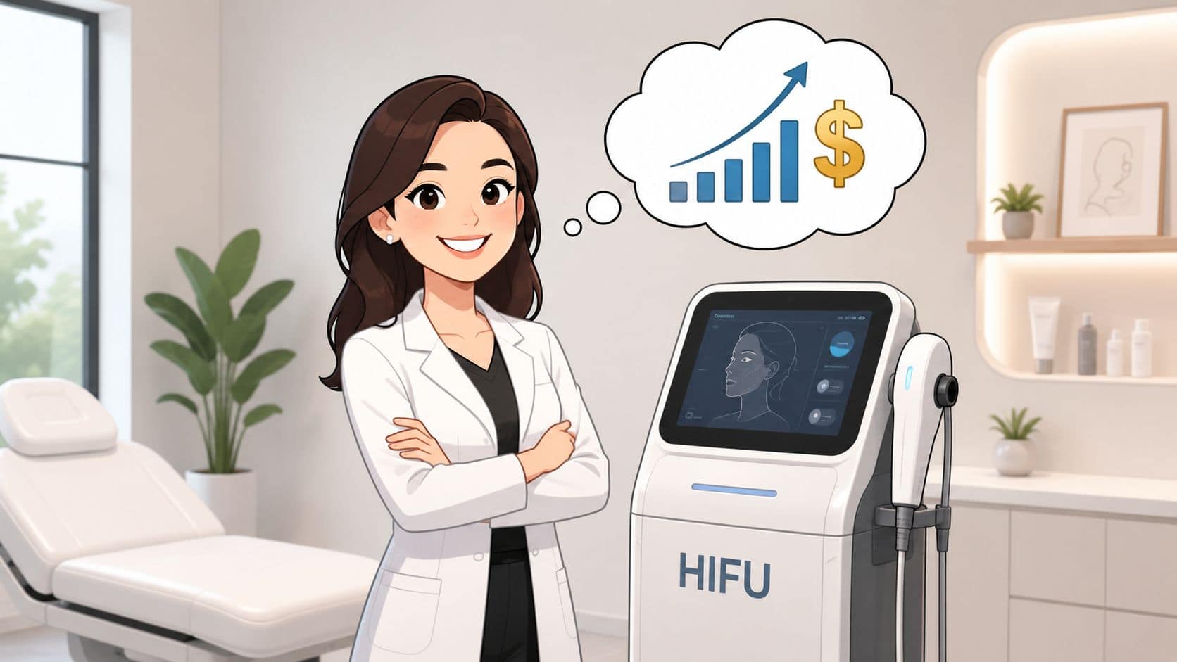 Mulher a sorrir com um aparelho HIFU para o endurecimento da pele e o rejuvenescimento facial.
