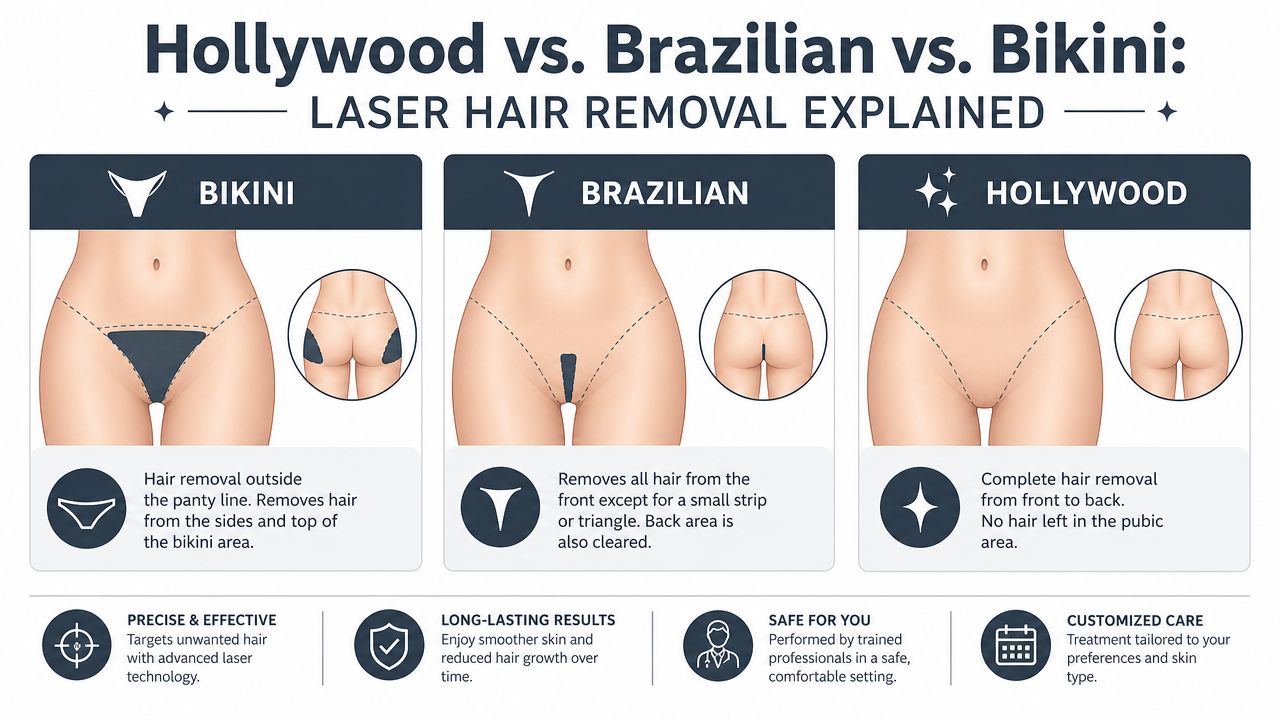 Um diagrama que explica as diferenças entre os estilos de depilação a laser na zona do biquíni, brasileira e hollywoodiana.
