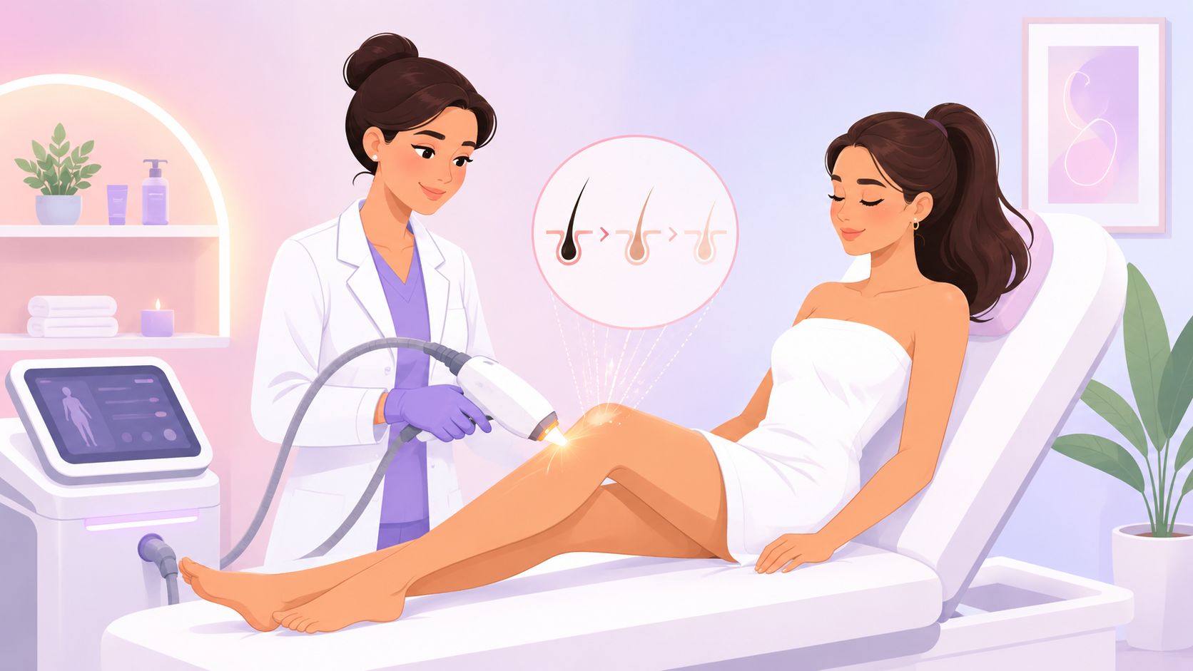 Sessão profissional de depilação a laser para uma pele suave e sem pêlos na clínica Omega Lasers.