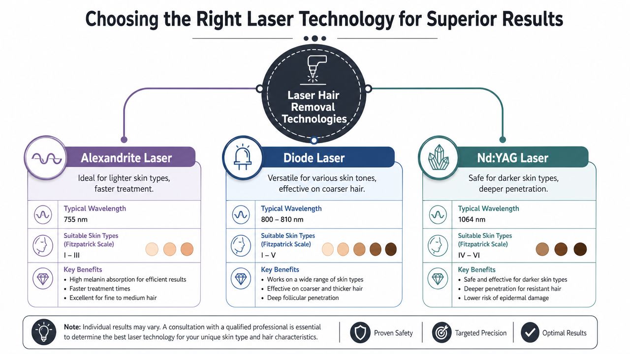 Tabela comparativa dos lasers de alexandrita, de díodo e Nd:YAG para tratamentos profissionais de depilação a laser.