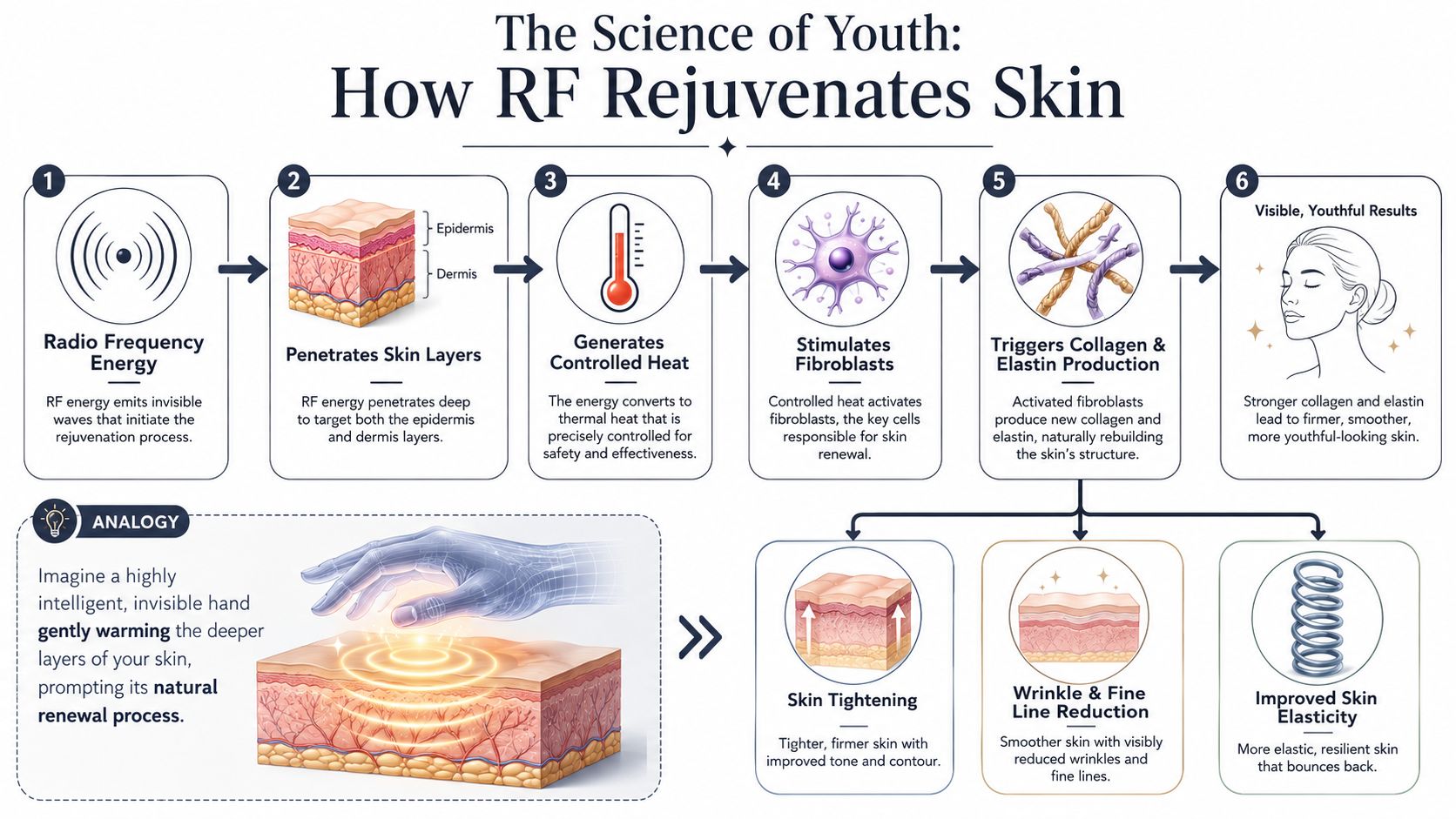 Tratamento avançado de rejuvenescimento cutâneo por RF para uma pele jovem e firme na Omega Lasers.