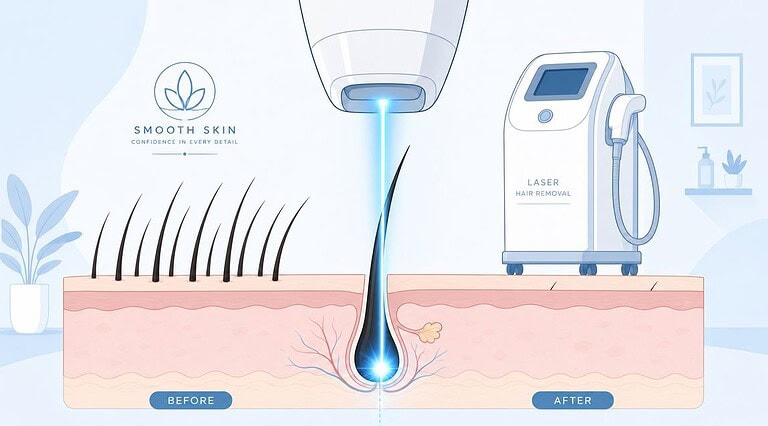 Procedimento de depilação a laser que mostra o antes e o depois do tratamento da pele.