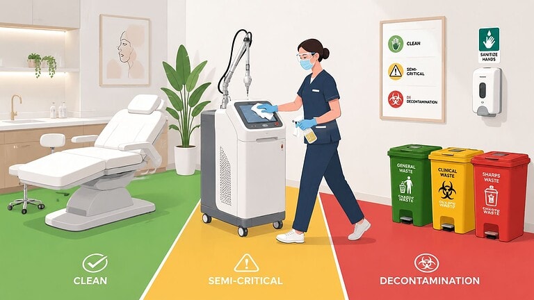 Profissional de saúde a utilizar um aparelho a laser num ambiente clínico higiénico.