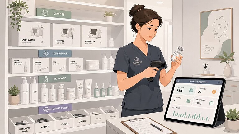 Profissional de saúde a utilizar um dispositivo Omega Lasers com um tablet na clínica.