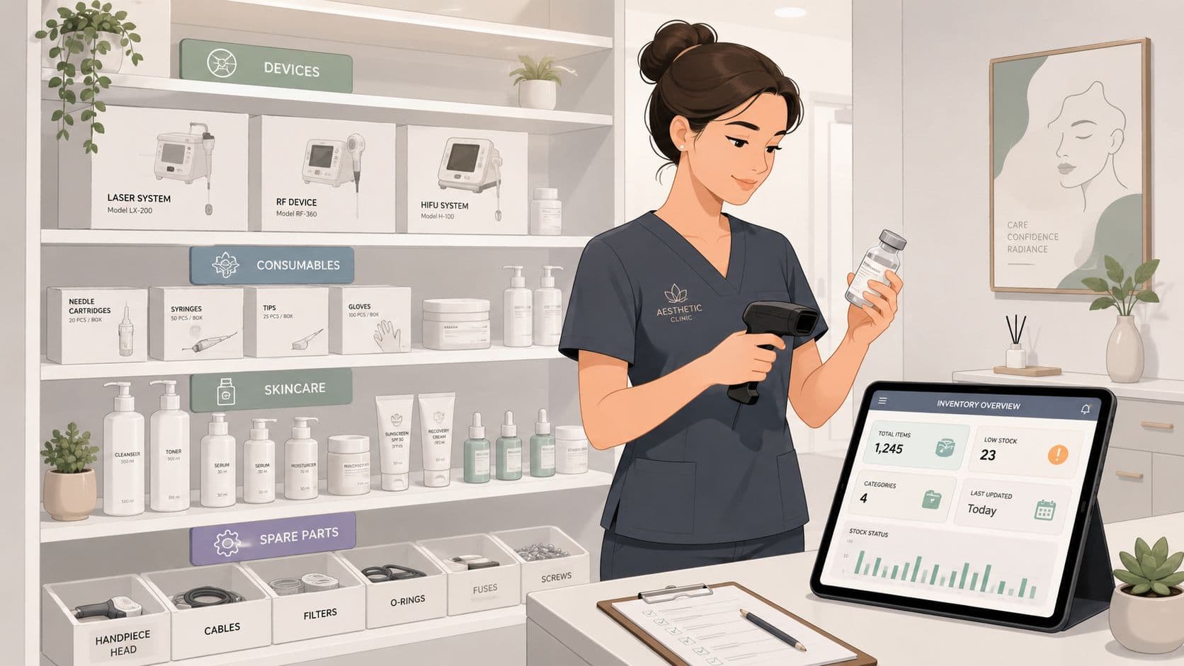 Medical professional using Omega Lasers device with tablet in clinic.